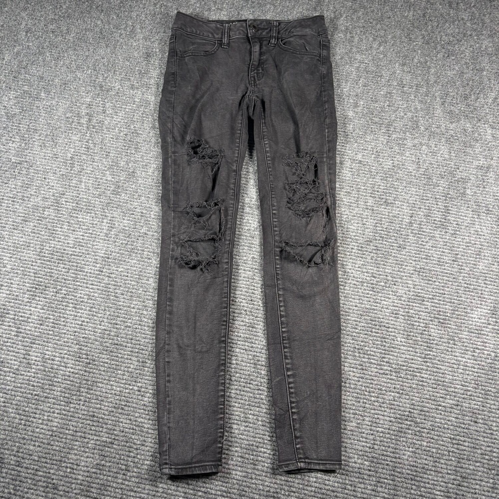American Eagle Jegging Womens 2 Black Excellent Distressed Super Super Stretch